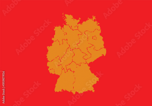Pixelated map of germany with regional boundaries on a red background, digital art representation of geographic divisions