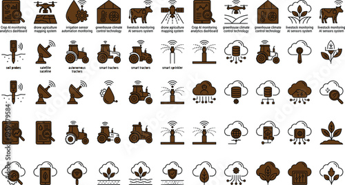Precision agriculture technology icon set with drones sensors irrigation systems smart tractors crop analytics and AI farming