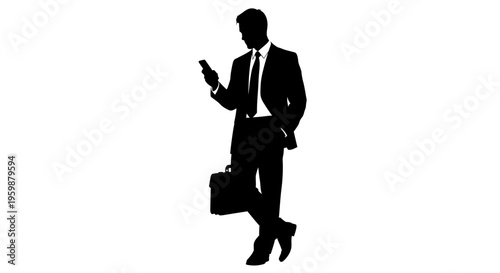 Silhouette of businessman with briefcase checking smartphone, isolated on white background