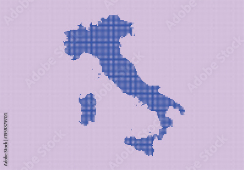 Pixelated map of italy with a dotted design on a purple background illustrating the countrys shape and geographical outline