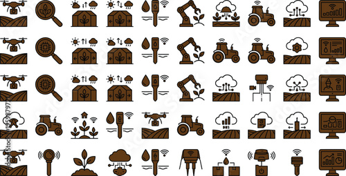 Precision agriculture technology icon set with drones tractors irrigation sensors crop monitoring analytics and smart farming