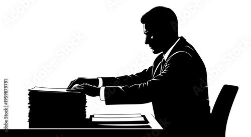 Silhouette of businessman working late at desk with stack of papers