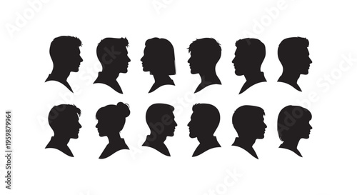 A group of people's silhouettes looking to their right side isolated on transparent background