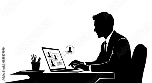 Silhouette of businessman working on laptop at desk, video conference with colleagues