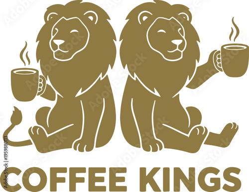 Two lions holding coffee cups and sitting crosslegged