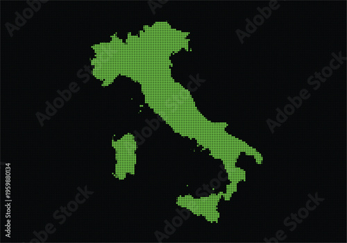 Digital pixel art of italy map with green color on, representing geographic shape and outline of the country