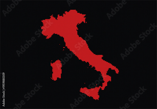 Pixel art map of italy with red landmass on, representing the countrys geographic shape and outline in a digital style