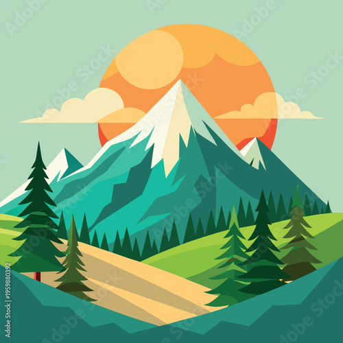 Flat vector mountain landscape with snow peaks and pine forest, minimalist nature scenery at sunset, geometric wilderness illustration for travel posters