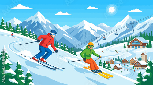 Skiers Enjoying a Sunny Day on the Slopes