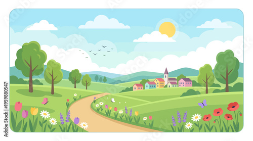 Idyllic Spring Landscape with Village and Winding Road