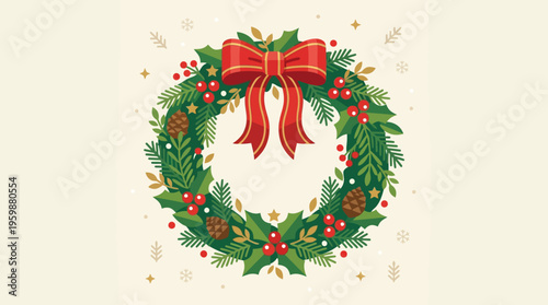 Festive Christmas Wreath Decorated with Ribbon