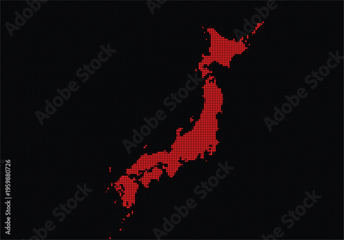 Digital pixel art map of japan with red landmass on representing the countrys geographic outline