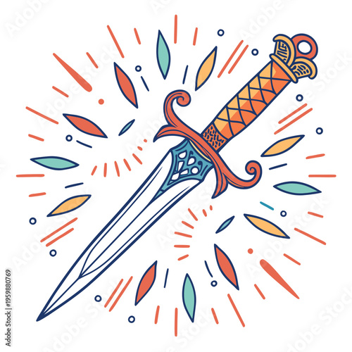 Vintage dagger vector illustration, ornate medieval short sword with decorative hilt, antique blade with colorful sunburst rays and geometric elements