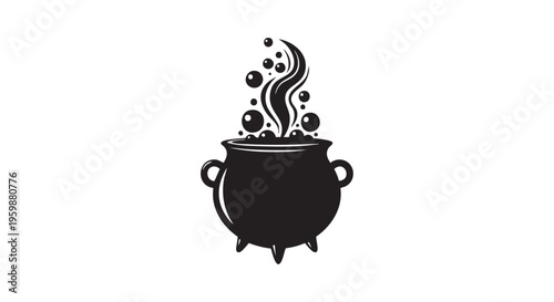 A black silhouette of a cauldron with steam rising from it on a white background isolated on transparent background