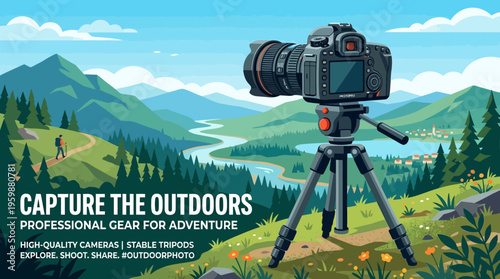 Camera on Tripod with Scenic Landscape Background