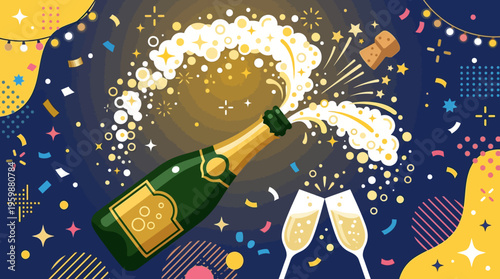 Festive Champagne Bottle Burst with Confetti