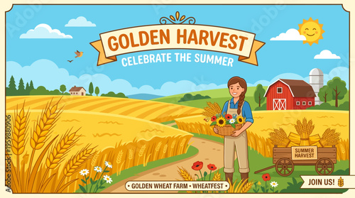 Golden Harvest Farm Scene with Farmer