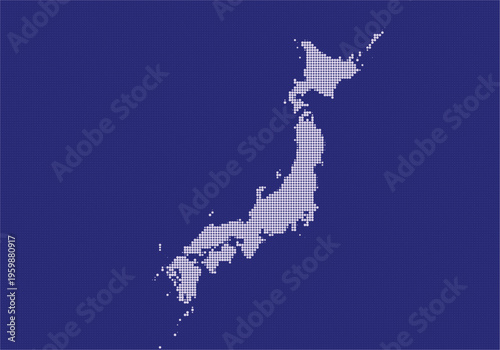 Pixelated map of japan with a blue background illustrating the countrys geographical outline in a digital style
