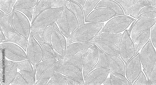 Detailed black and white leaf illustration with stippling and line art, vector artwork for decorative design and textiles