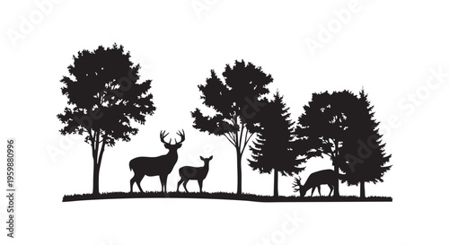 A serene forest scene with deer and trees in silhouette against a white background isolated on transparent background
