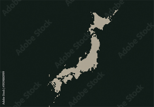 Digital pixel art map of japan with detailed islands and coastlines on a dark background, representing the countrys geographic layout and structure