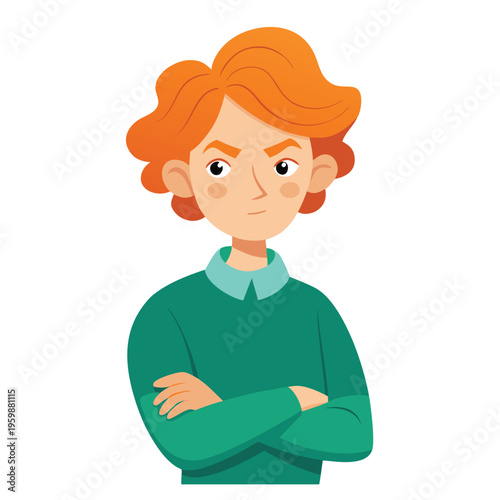 Angry young man with crossed arms, frustrated ginger boy character vector, annoyed male person with red hair and green sweater