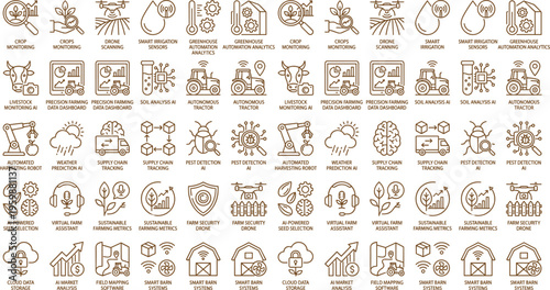 Precision agriculture technology line icon set with crop monitoring drones smart irrigation greenhouse analytics and livestock tracking