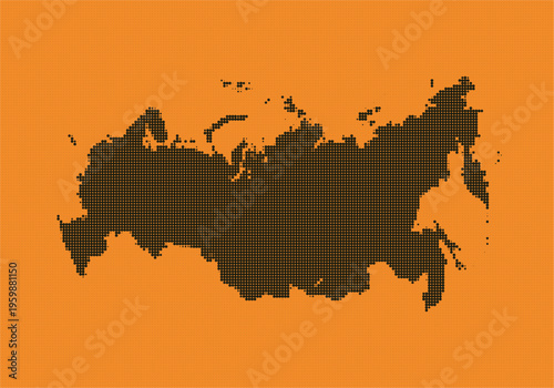 Pixelated silhouette of the map of russia on orange background with a digital art style