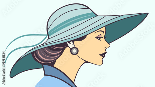 Fashionable female portrait with large sun hat, minimalist flat design for summer style, beauty branding, and modern lifestyle illustration.
