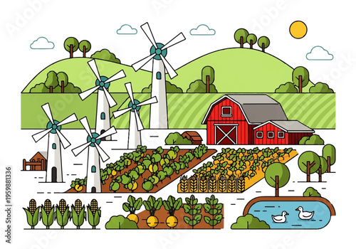 Farm with windmills and garden plots.