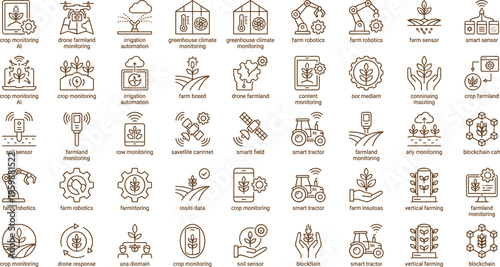Precision agriculture technology line icon set with drone monitoring irrigation automation greenhouse climate sensors and smart farming