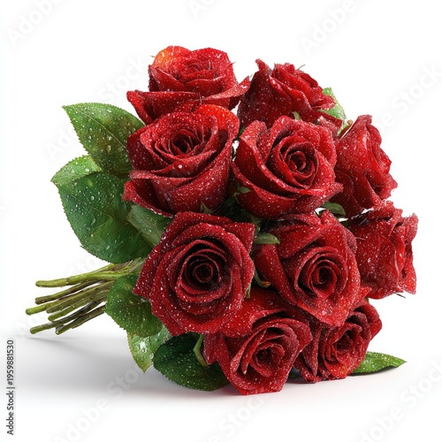 A close-up studio shot of a bouquet of deep-red roses, with water droplets, arranged with green leaves and stems against a white backdrop