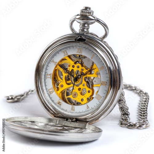 A close-up studio shot of a classic, ornate pocket watch with a silver chain, set against a pristine white background. The intricate inner workings are fully visible