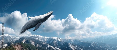 Whale breaches in the Antarctic Ocean near snow-capped mountains under a clear sky with clouds in the background