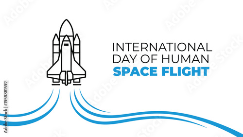 International day of human space flight minimalist line art illustration with space shuttle and abstract waves modern science concept design