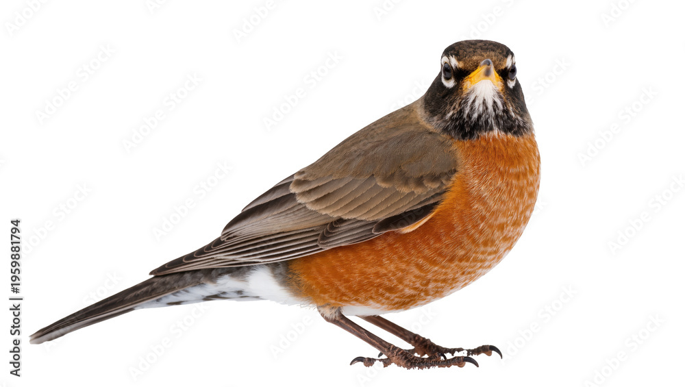 Fototapeta premium Vibrant American Robin bird with distinctive orange breast looking forward, isolated studio shot