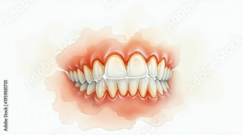 Dentures with soft cinematic haze, watercolor painting, translucent washes