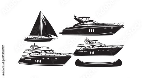 Different types of boats and yachts in the water isolated on transparent background