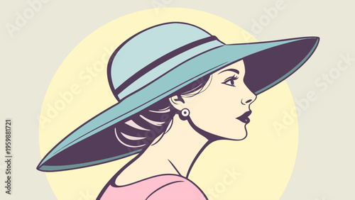 Stylish woman in wide brim hat, minimalist fashion illustration, elegant lifestyle concept for summer outfits, luxury branding, and modern character design.