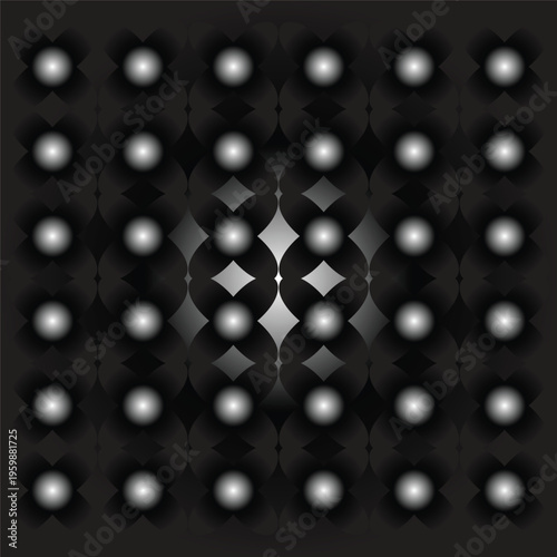 Luminous spheres forming symmetrical diamond grid with glowing depth