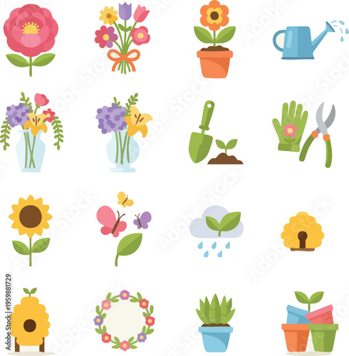 A vibrant and modern set of colorful flower icons featuring floral designs, bouquets, potted plants, and gardening elements.