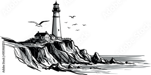 A serene illustration of a lighthouse standing tall on a rugged coastal cliff