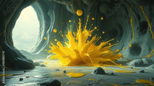 Surreal cave with vibrant yellow paint explosion, dreamlike ambiance
