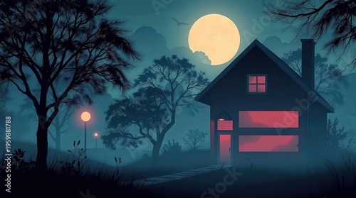 Eerie summer night with modern flat haunted house design