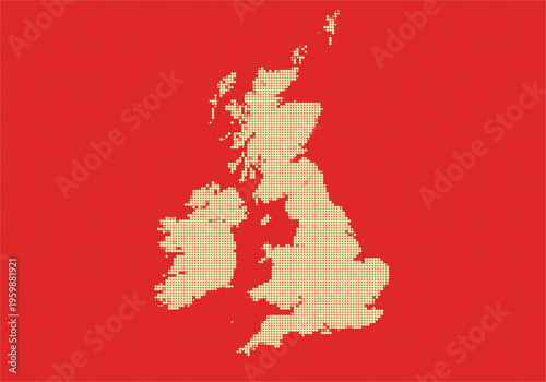 Pixelated map of the united kingdom and ireland on a red background with a digital art style