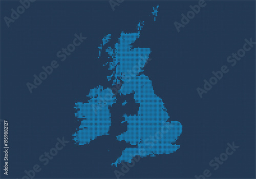 Digital pixelated map of the united kingdom and ireland with detailed coastlines and island outlines on a dark blue background