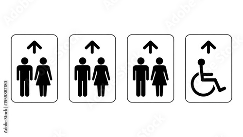 Set of elevator directional signs featuring male female and disabled person symbols with arrows Vector