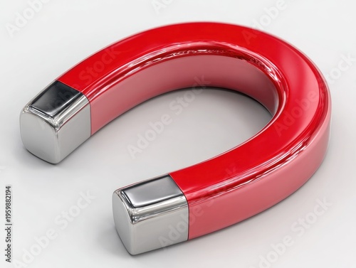 A close-up studio shot presents a horseshoe-shaped object with a vibrant red central body and gleaming silver end caps. Its form suggests magnetic properties