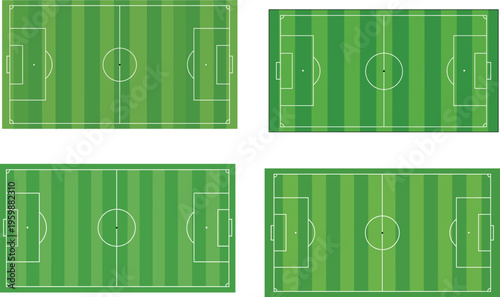 Green soccer field collection with various grass patterns and line markings top view isolated on white background vector illustration
