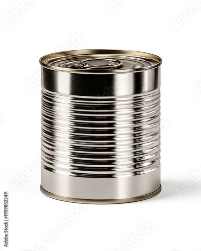 A close-up studio shot presents a shiny, cylindrical metal container, showing ridges and seams, casting a small shadow